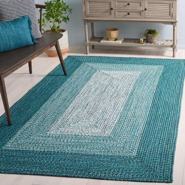 Braided 6 ft. x 9 ft. Ivory/Turquoise Ombre Border Washable Area Rug