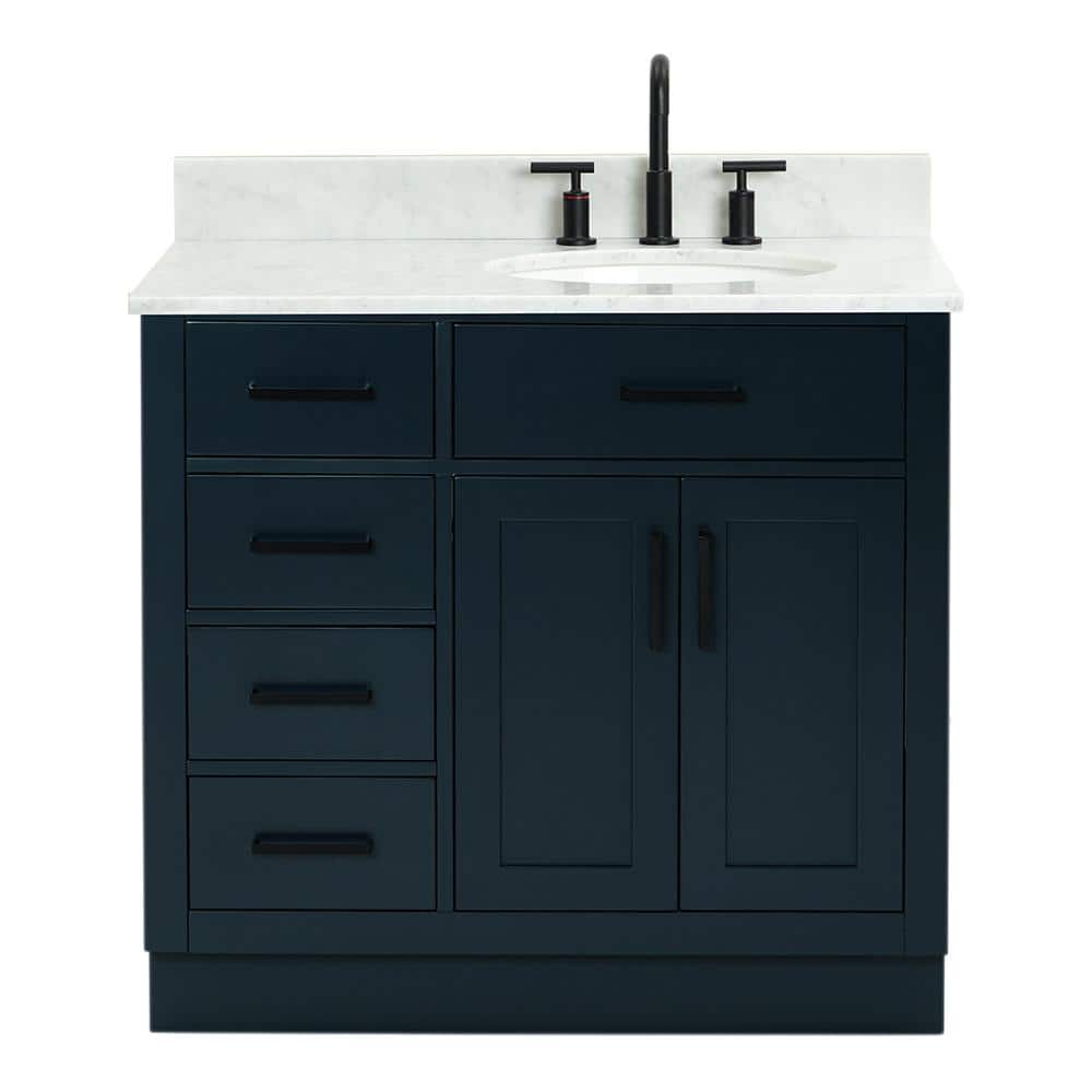 Midnight Blue 37" Freestanding Vanity with White Marble Top