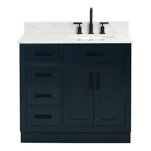 Hepburn 37 in. W x 22 in. D x 35.25 in. H Bath Vanity in Blue with Carrara Marble Vanity Top in White with White Basin