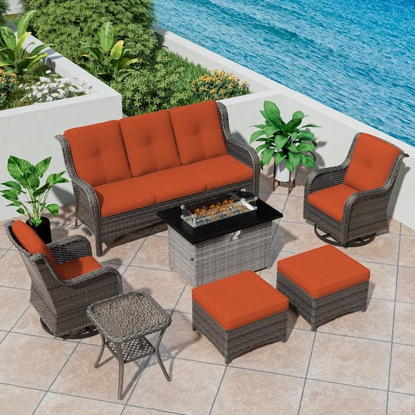 MeetLeisure 7-Piece PE Rattan Wicker Patio Conversation Set Outdoor Chairs and Fire Pit with Orange Cushion
