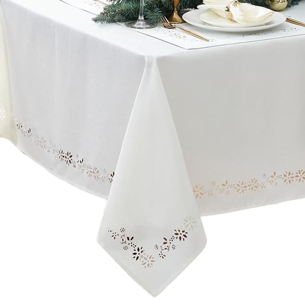 Threadmade Home Poinsettia Noel Laser Cut Tablecloth, Ivory - 60"W x 84"L