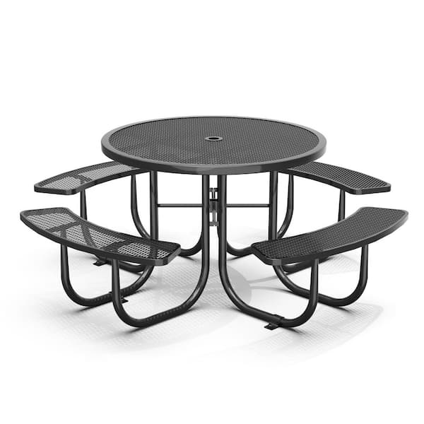 78.7 in. Black Round Steel Picnic Table Seats 4-8 People with Umbrella Hole