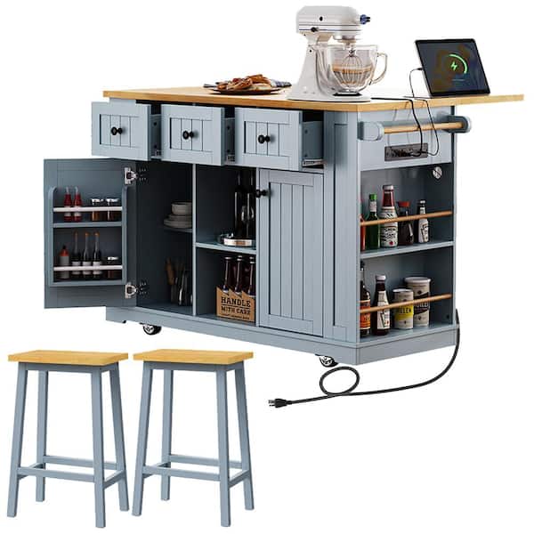Unbranded Grey Blue MDF Wood 53 in. W Kitchen Island on 5 Wheels with 2 Bar Stools, Power Outlet and Drop Leaf