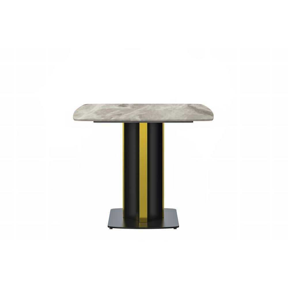 Sylva 71" Deep Grey Glass Dining Table with Black and Gold Pedestal Base