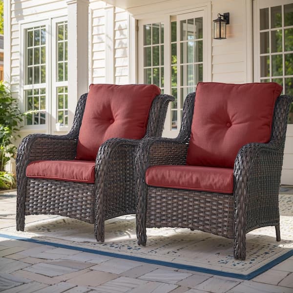 moosprr Patio Brown Wicker Outdoor Lounge Chair with Red Cushions and Curved Armrest (2-Pack)