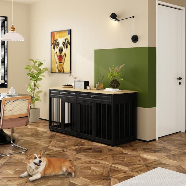 Wooden Indoor Dog Kennel Furniture, Large Dog Crate Cage with 2 Drawers and Divider for Medium or 2 Small Dogs, Black