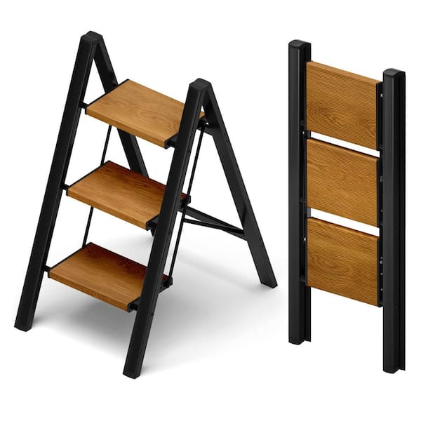 3-Step 8.67 ft. Reach Black and Woodgrain Aluminum Step Stool, 330 Load Capacity Type IA Duty Rating, Lightweight