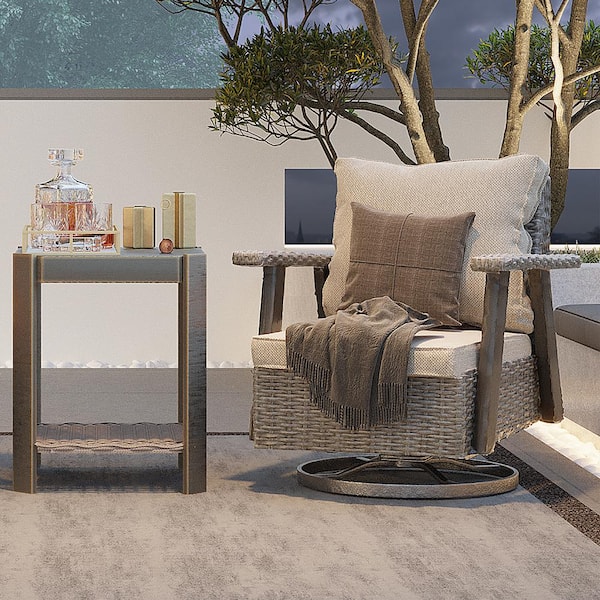 Wicker Patio Outdoor Rocking Chair Swivel Lounge Chair with Beige Cushion and Side Table