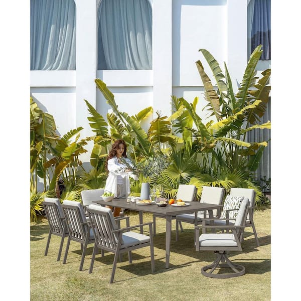 Oak Gray 9-Piece Aluminum Patio Furniture Set Outdoor Dining Set 2 Swivel Chairs with White Cushion and Umbrella Hole