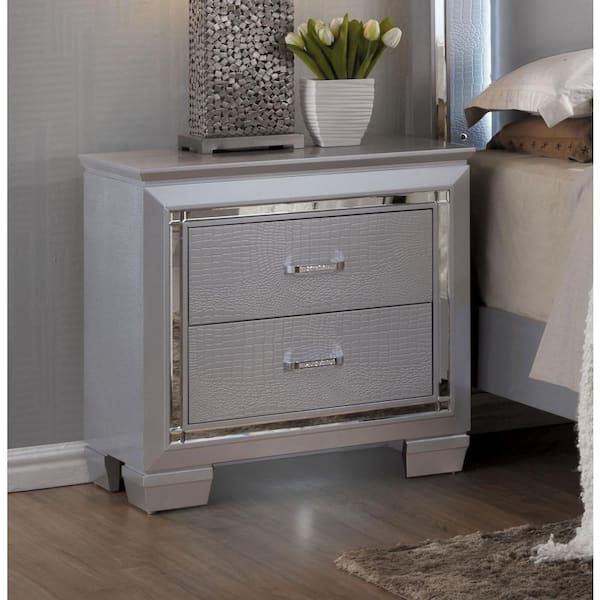 Furniture of America Shawn 2-Drawer Silver Textured Nightstand