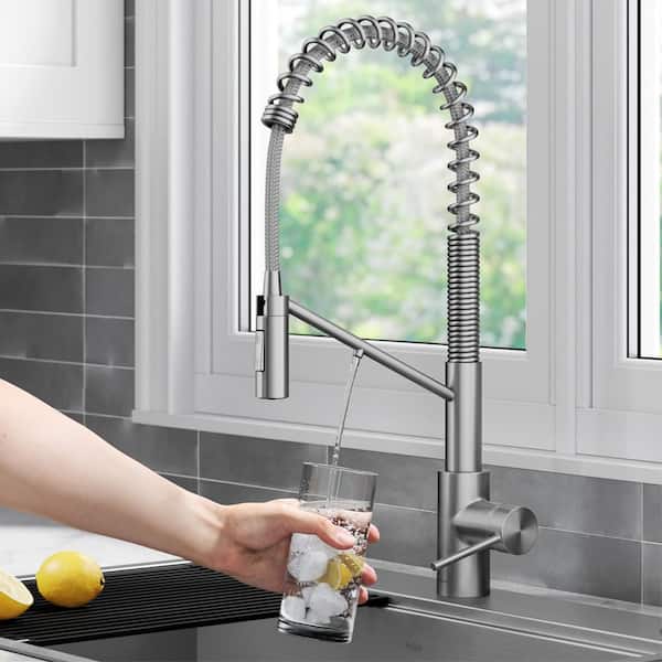 Oletto 2-in-1 Commercial Style Pull-Down Single Handle Water Filter Kitchen Faucet in Spot-Free Stainless Steel