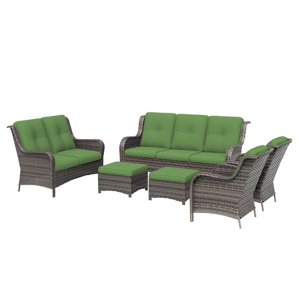 6-Piece Steel Outdoor Patio Conversation Seating Set Backyard Garden with Green Cushions
