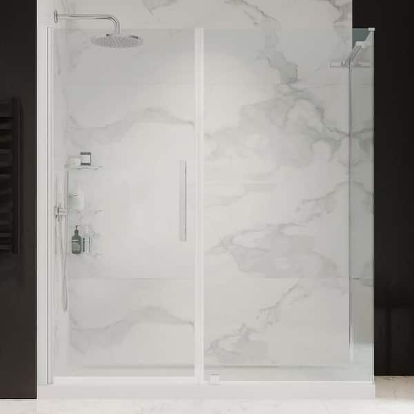 OVE Decors Pasadena 60 in. L x 36 in. W x 75 in. H Corner Shower Kit w/Pivot Frameless Shower Door in SN w/Shelves and Shower Pan