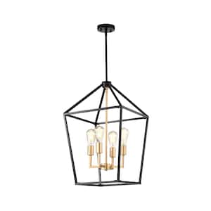 4-Light Black Iron Ceiling Lamp Chandelier Pendant with Geometric Cage