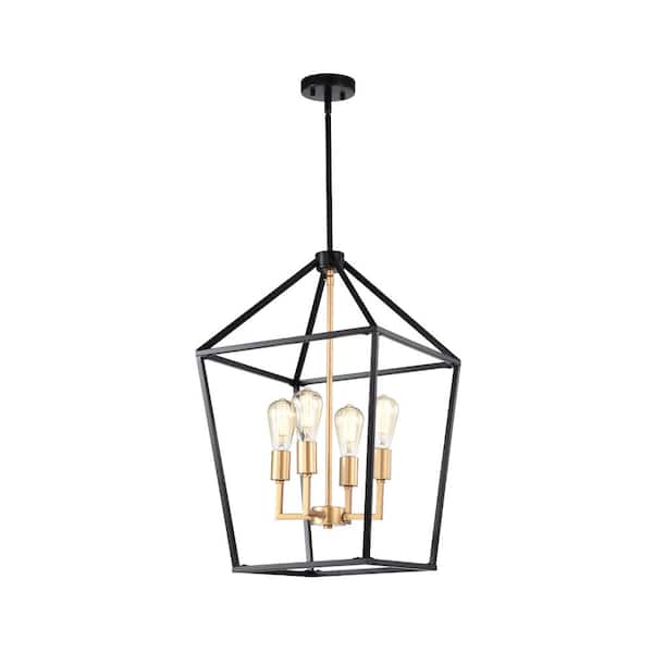 Tidoin 4-Light Black Iron Ceiling Lamp Chandelier Pendant with Geometric Cage
