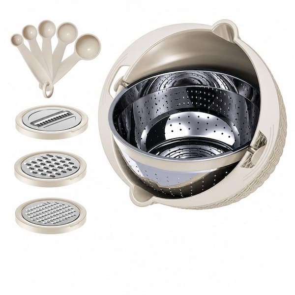 4-in-1 Rotatable Colander with Bowl and Spoons - Stainless Steel and Plastic Food Strainer Colander Set