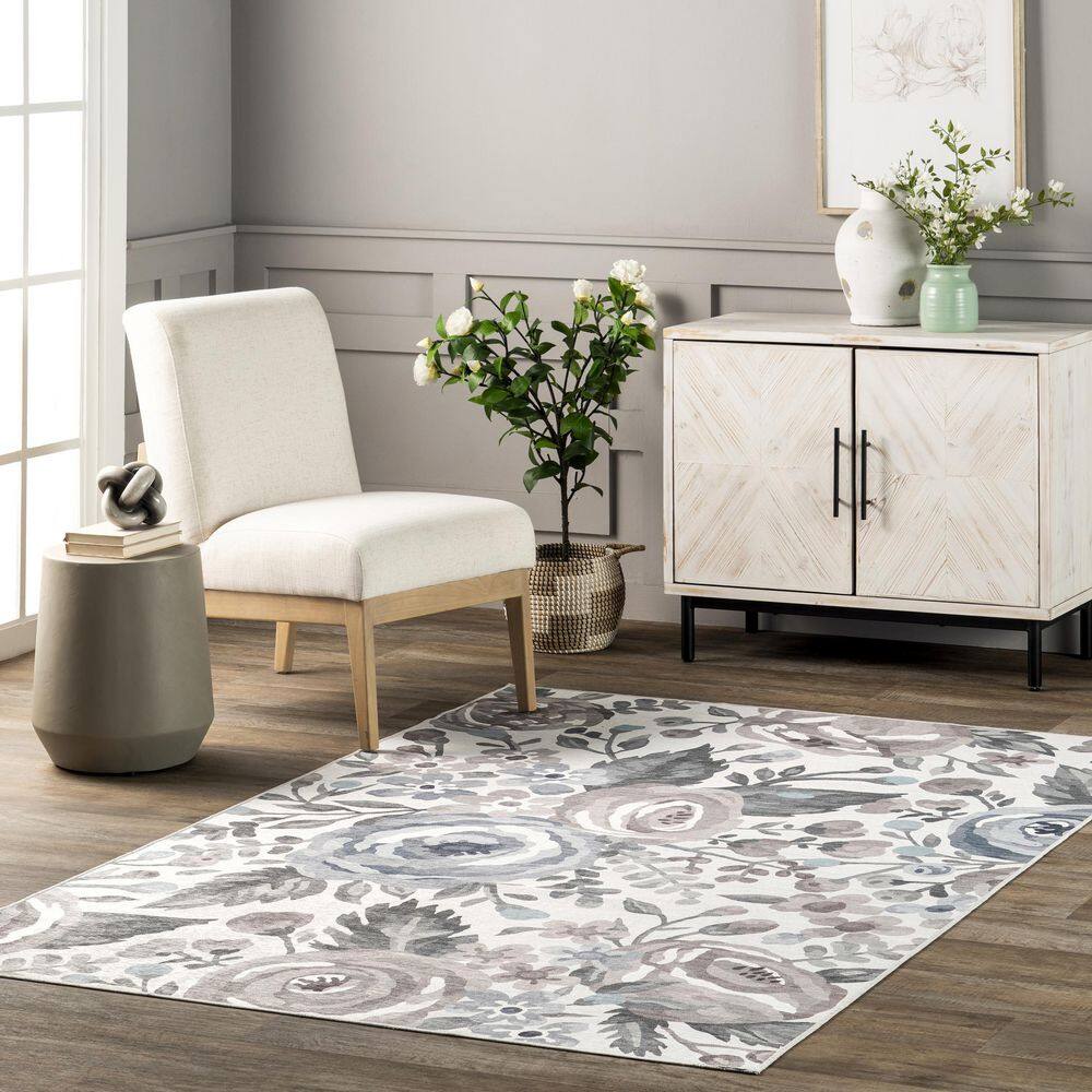 Gray Floral Washable Stain-Resistant Synthetic Area Rug 4' x 6'