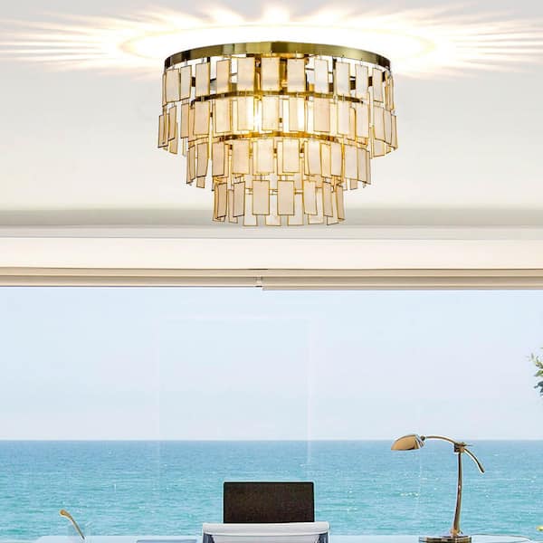 ALOA DECOR 4-Light 17.8 in. Round Coastal Capiz Tiered Flush Mount Ceiling Light With Antique Gold Metal And Natural Seashell