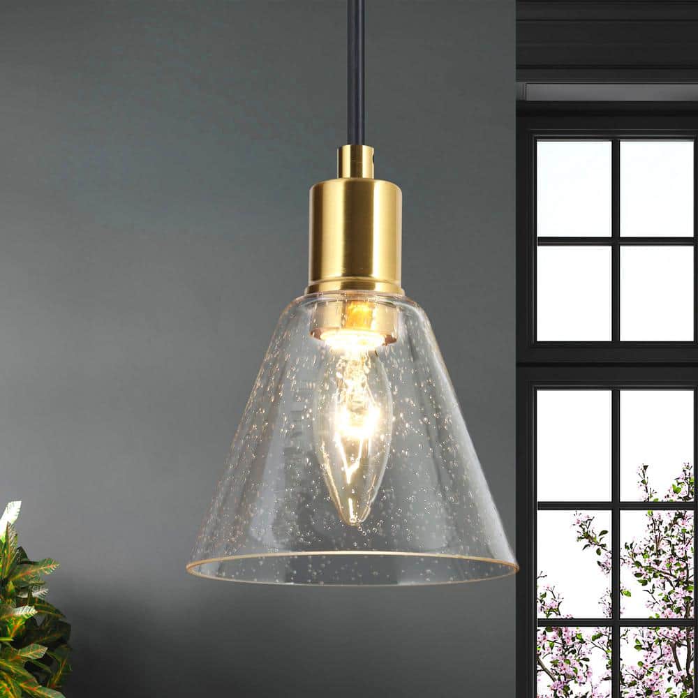 Modern Kitchen Island Pendant Light 1-Light Black and Electroplated Brass Hanging Pendant Light with Seeded Glass Shade price history on PriceWatchPro