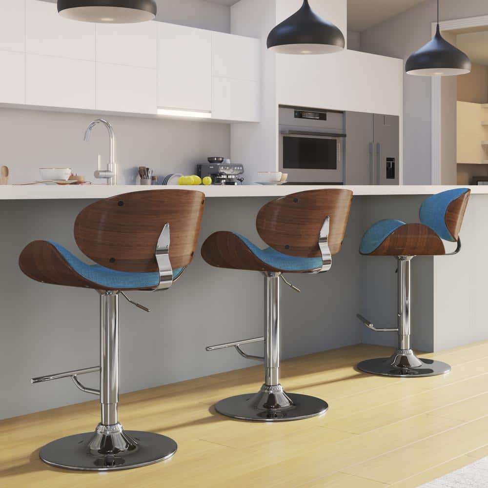 Blue Linen Adjustable Swivel Bar Stool with Wood Accents