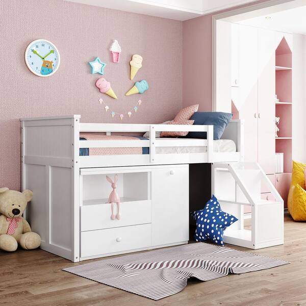 Eer White Twin Size Loft Bed With, Twin Loft Bed With Storage Steps