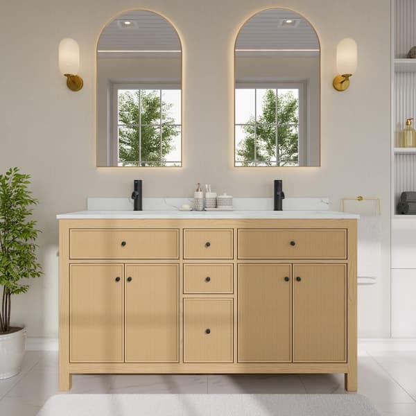 Pendry 60 in. Double Freestanding Tanned Oak Bath Vanity with Giotto Quartz Top Assembled