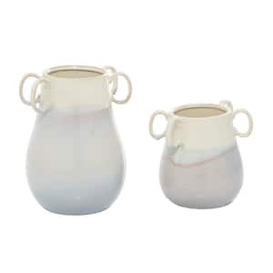 12 in., 8 in. White Ceramic Decorative Vase with Handles (Set of 2)