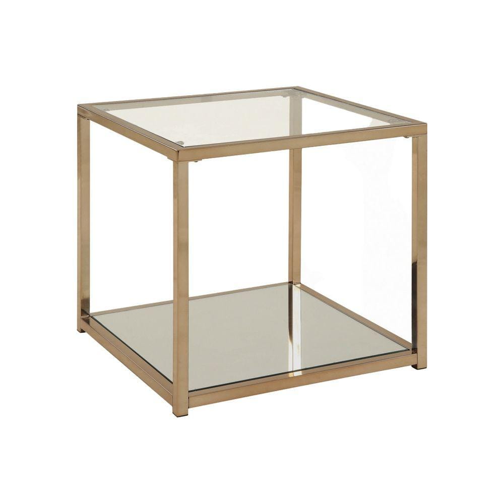 Benjara 23.5 in. Brass Square Glass End Table with Open Shelf BM219607