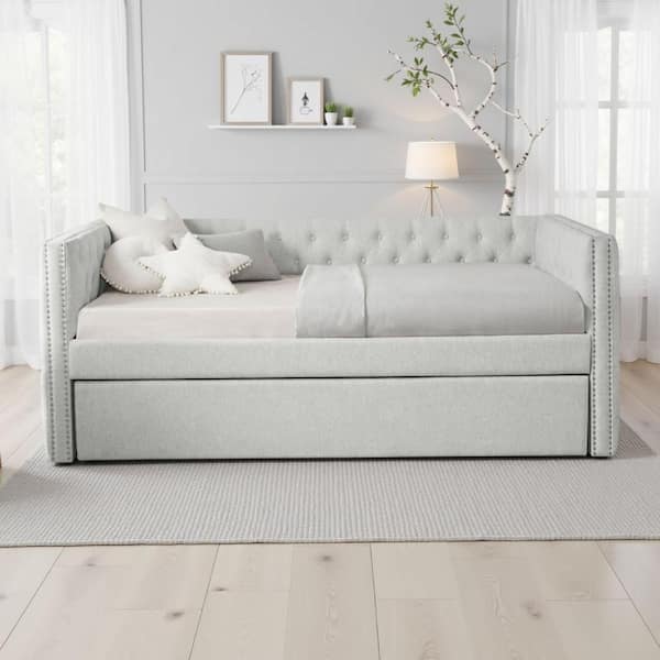 Lem Chesterfield Dove Gray Upholstery Twin Daybed with Pull Out Trundle