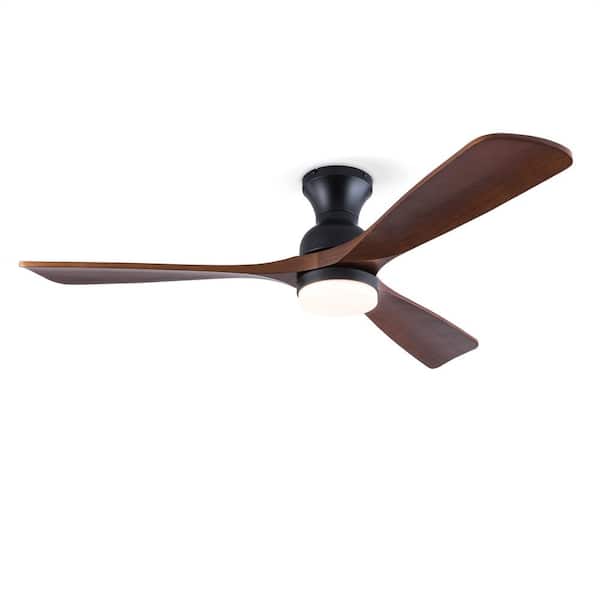 52 in. Black Modern Standard Ceiling Fan with LED Light, 3 Wood Blades, Remote, Reversible DC Motor, Flush Mount
