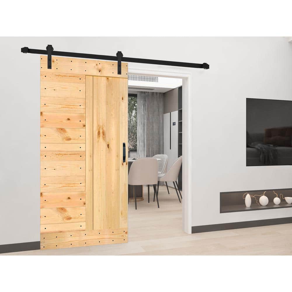 Unfinished Solid Knotty Pine Sliding Barn Door Kit with Black Hardware