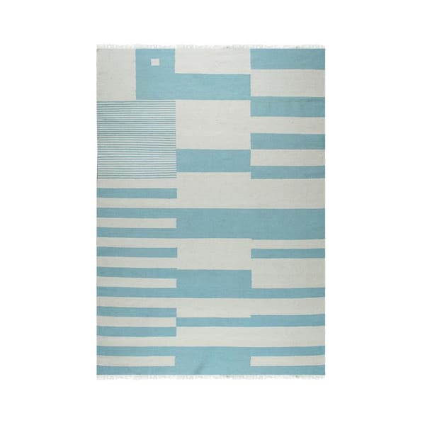 EORC Turquoise 5 ft. 5 in. x 8 ft. Hand-Knotted Wool Contemporary Modern Flat Weave Area Rug