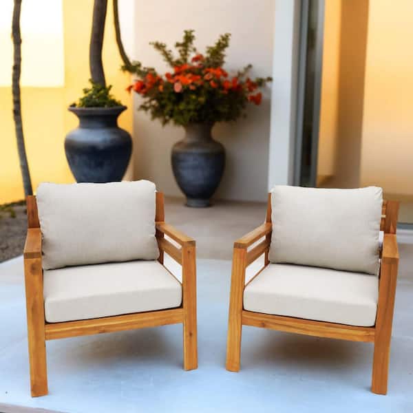 Data Natural Acacia Wood Outdoor Lounge Sofa Chairs with Beige Cushions (2-Pack)