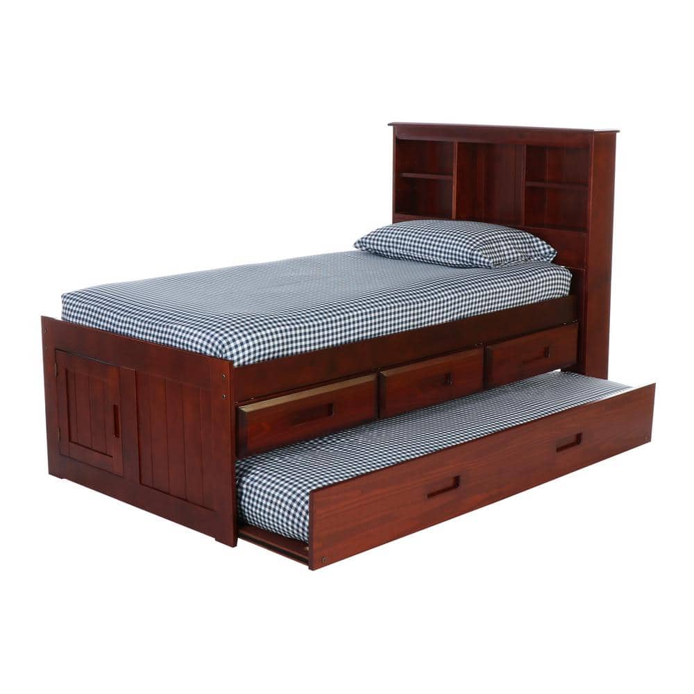 OS Home and Office Furniture Merlot Mission Brown Twin Sized Captains Bookcase Bed with 3-Drawers and a Twin Trundle, Rich Merlot -  82820K3-22