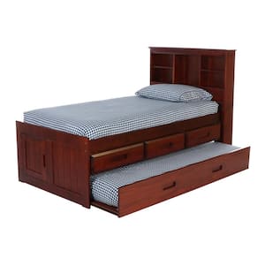 Merlot Mission Brown Twin Sized Captains Bookcase Bed with 3-Drawers and a Twin Trundle