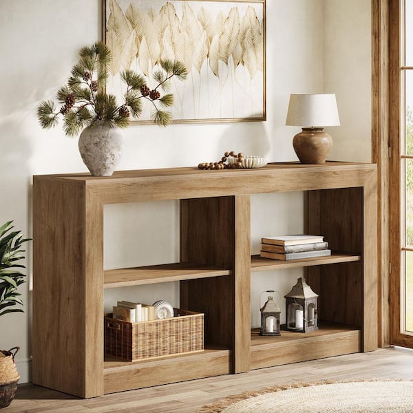 BYBLIGHT Turrella 59 in. Oak Rectangle Wood Console Table, 3-Tier Entryway Table with Storage for Entryway, Living Room