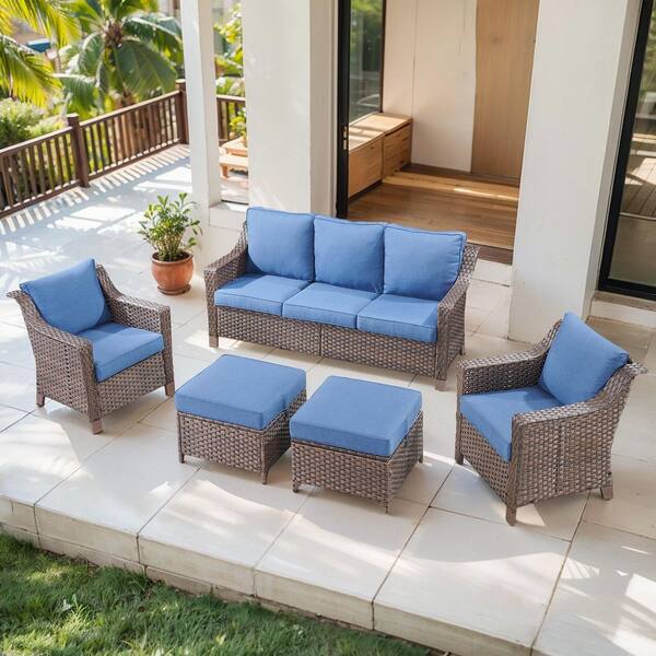 SlideArm Brown 5-Piece Wicker Armchairs Patio Conversation Set, Outdoor Sofa Seating Set with Olefin Navy Blue Cushions