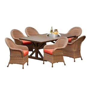 Hacienda Heights 7-Piece Wicker Outdoor Dining Set with Red Cushions
