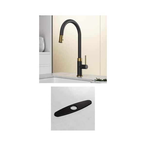 Bristol Single Handle Pull-Down Kitchen Faucet and 10 in. Deck Plate in Matte Black and Gold Combo (2-Piece)