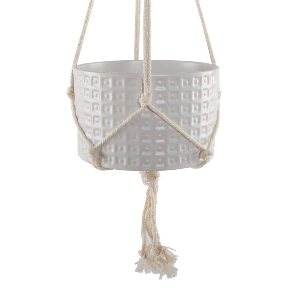 Flora Bunda 5 in. Matte White Gladiator Ceramic Pot with Macrame Hanging Planter