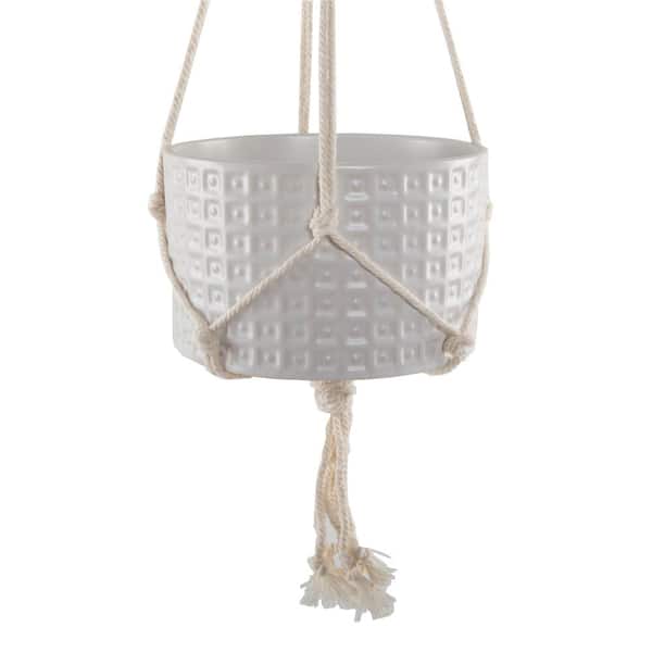 Flora Bunda 5 in. White Gladiator Ceramic Pot with Macrame