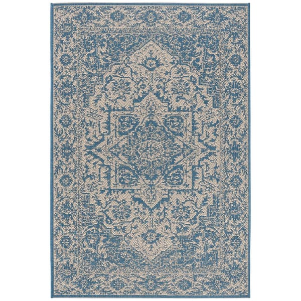 Beach House Cream/Blue 4 ft. x 6 ft. Oriental Indoor/Outdoor Patio  Area Rug