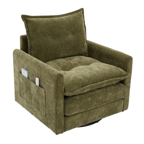 Olive Chenille Swivel Barrel Chair Thick Padded Arm Chair with Solid Metal Base Single Sofa Chair Swivel Accent Chair