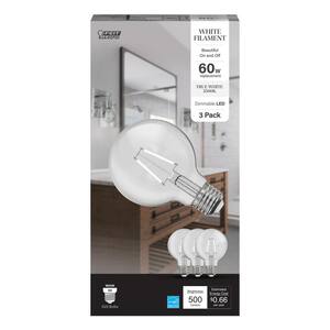 60-Watt Equivalent G25 Dimmable White Filament CEC Clear Glass LED Globe Light Bulb, True White 3500K (3-Pack)