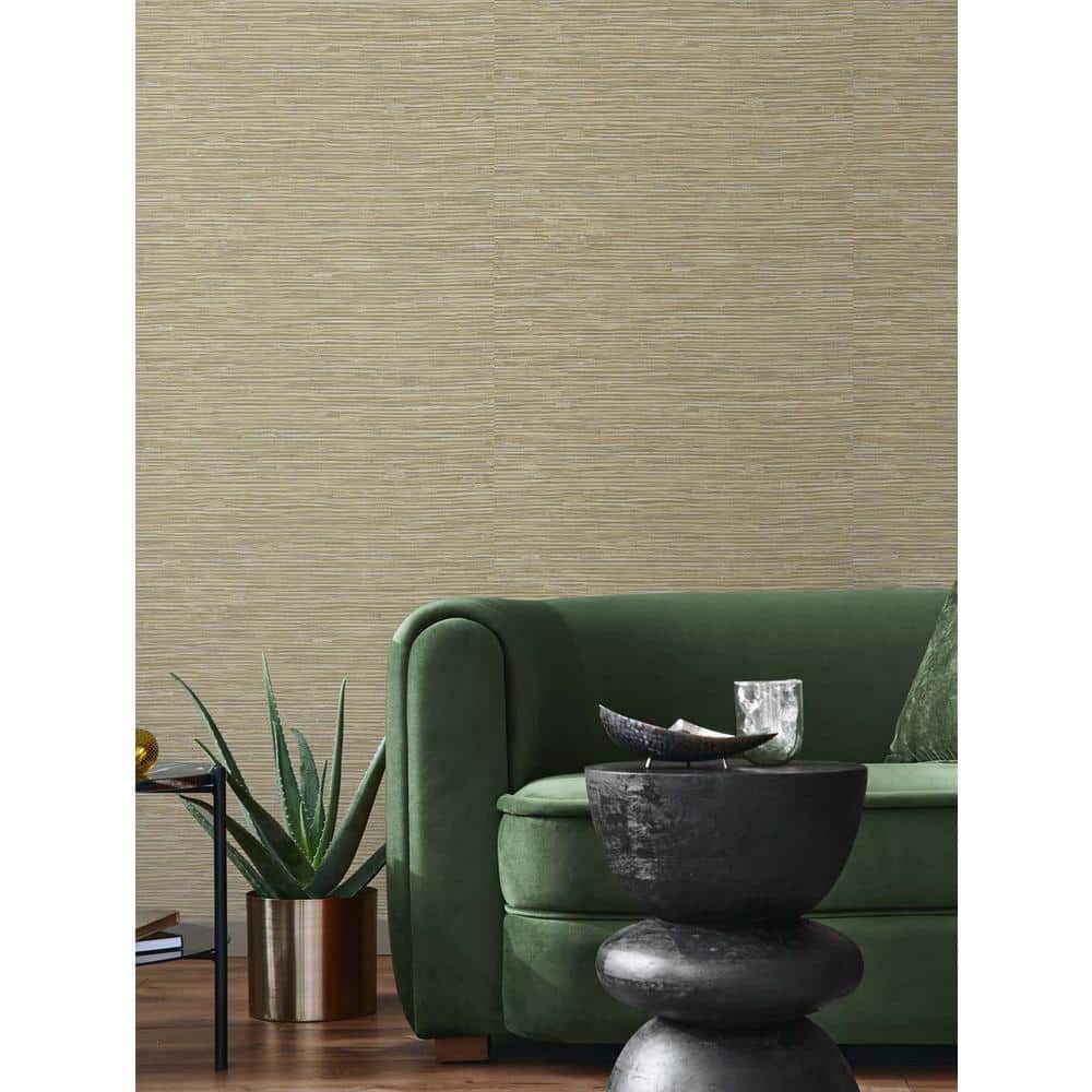 Khaki and Metallic Silver Faux Grasscloth Peel and Stick Wallpaper