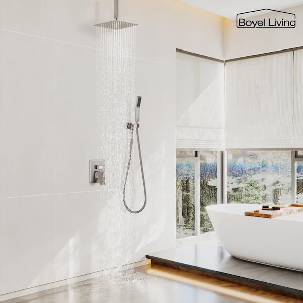 1-Spray Patterns with 2.5 GPM 10 in. Ceiling Mount Dual Shower Heads with Pressure Balance Valve in Brushed Nickel