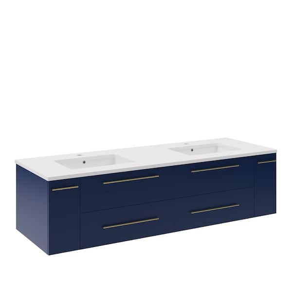 Fresca Lucera 60 in. Double Sink Wall Mount Floating Royal Blue Bath Vanity with White Quartz Top and Undermount Ceramic Sinks