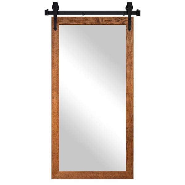 (33 in. W x 60 in. H) Honey Oak Hardwood Mirror with Steel Barndoor Rail