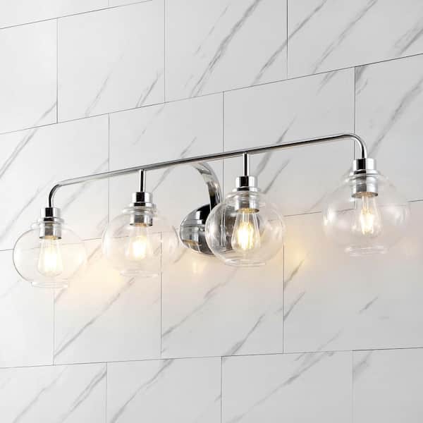 Sandrine 36 in. 4-Light Chrome Iron/Seeded Glass Cottage Rustic LED Vanity Light