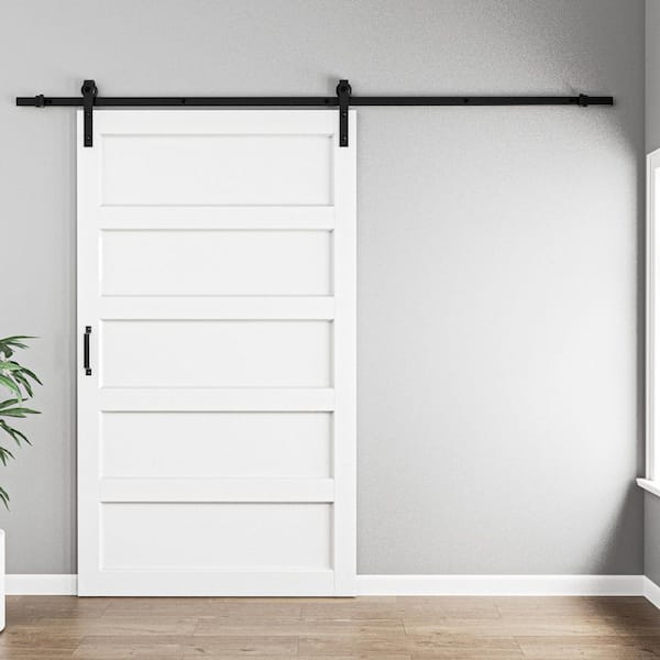 48 in. x 84 in. Paneled 5-Lites White MDF with PVC Finished Sliding Barn Door Slab with Hardware Kit and Soft Close